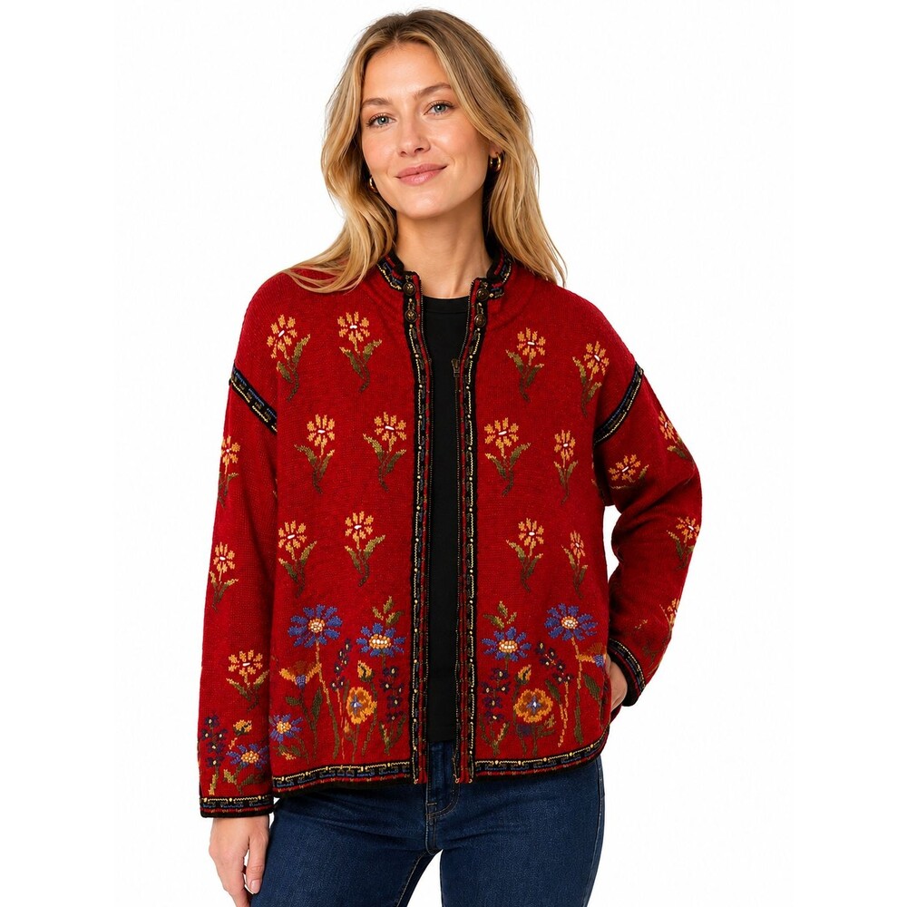 Icelandic Design Full Zip 100% Wool Sweater Jacket Floral Print Embroidered